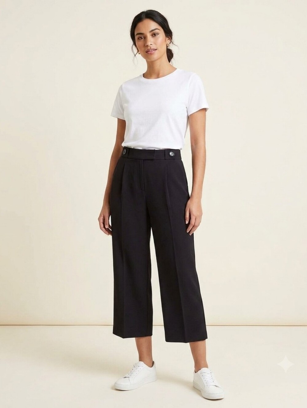 Zara TRF Black Faux Button Wide Leg Pull On Cropped Culotte Pants Size Medium - Picture 1 of 6